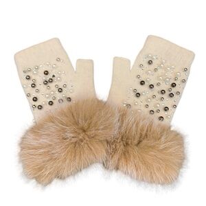 Wool Knitted Gloves with Genuine Fox Fur Trim Pearl Embellished
